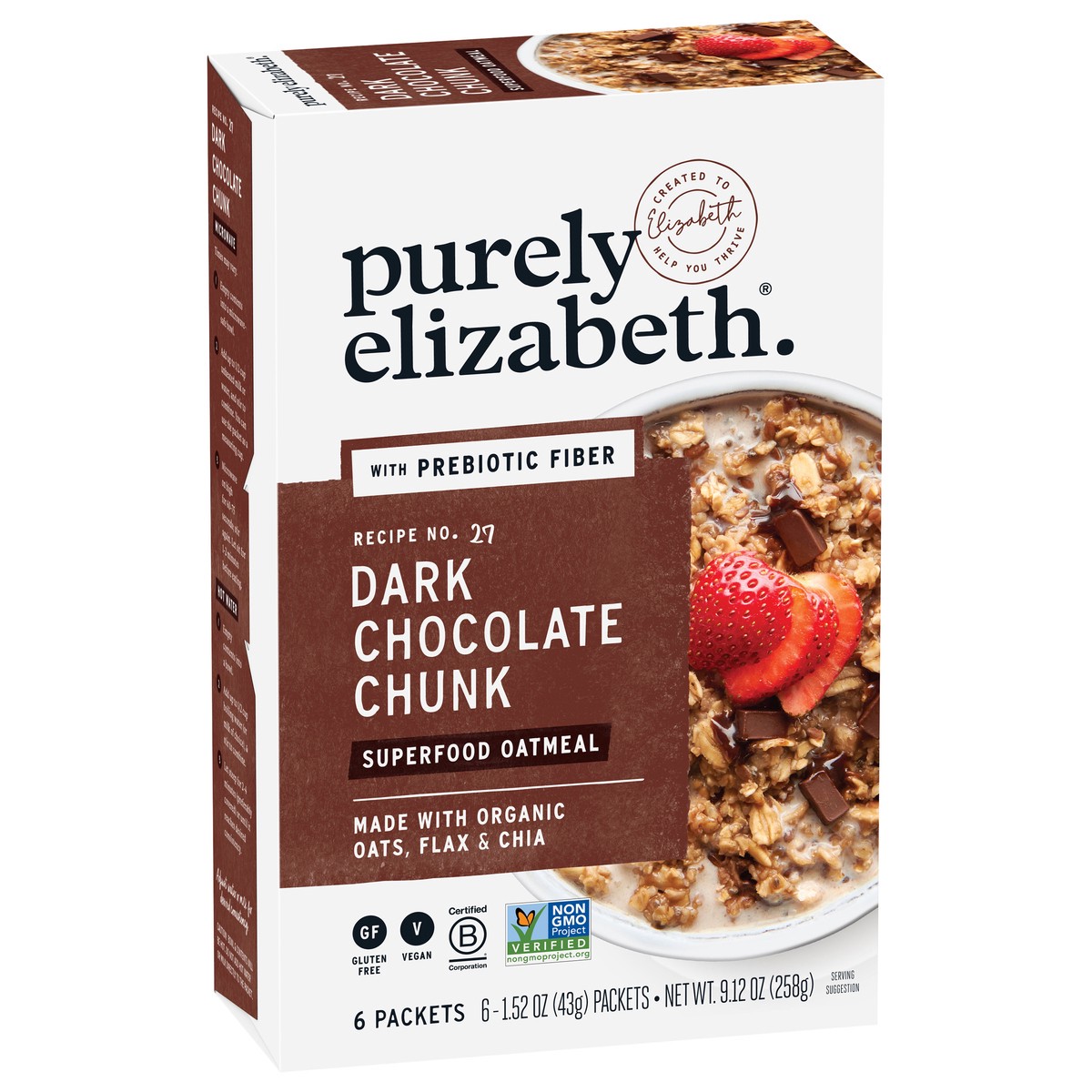 slide 6 of 9, Purely Elizabeth Dark Chocolate Chunk Superfood Oatmeal with Prebiotic Fiber Multipack 1.52 oz, 6 ct