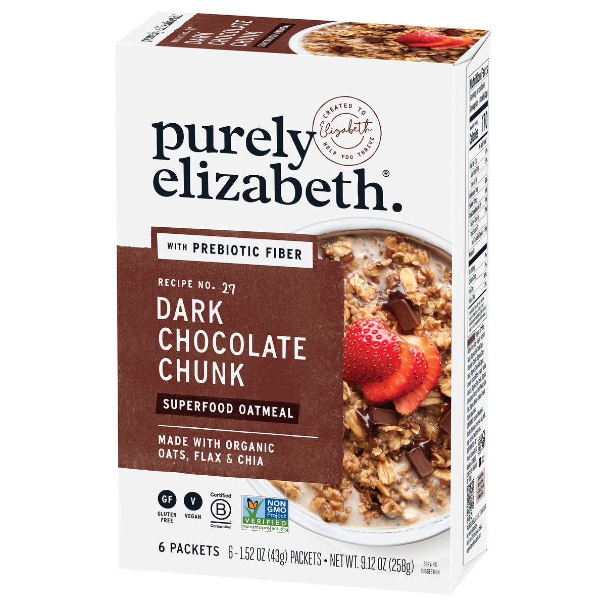 slide 4 of 9, Purely Elizabeth Dark Chocolate Chunk Superfood Oatmeal with Prebiotic Fiber Multipack 1.52 oz, 6 ct