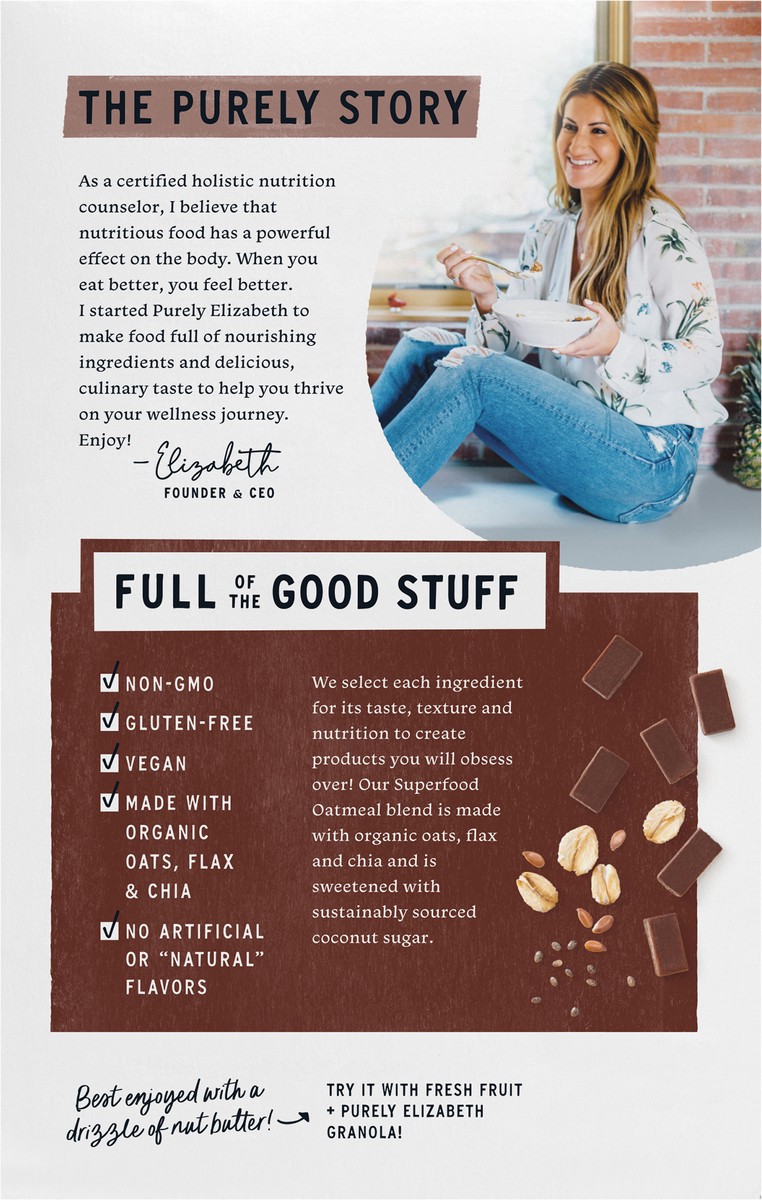 slide 9 of 9, Purely Elizabeth Dark Chocolate Chunk Superfood Oatmeal with Prebiotic Fiber Multipack 1.52 oz, 6 ct