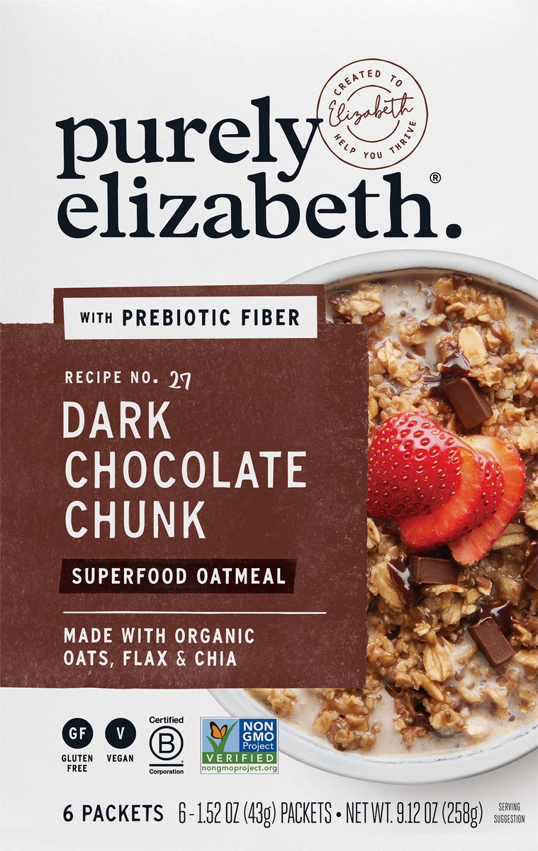 slide 8 of 9, Purely Elizabeth Dark Chocolate Chunk Superfood Oatmeal with Prebiotic Fiber Multipack 1.52 oz, 6 ct