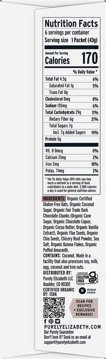 slide 2 of 9, Purely Elizabeth Dark Chocolate Chunk Superfood Oatmeal with Prebiotic Fiber Multipack 1.52 oz, 6 ct