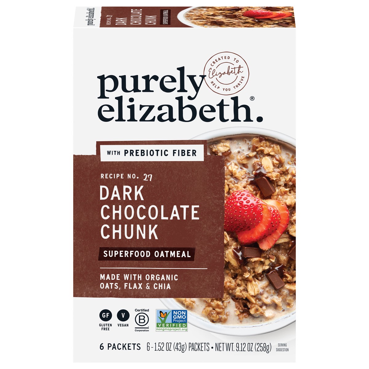 slide 1 of 9, Purely Elizabeth Dark Chocolate Chunk Superfood Oatmeal with Prebiotic Fiber Multipack 1.52 oz, 6 ct