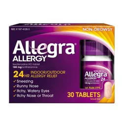 Allegra Adult 24-Hour Allergy Relief Tablets, Non-Drowsy Indoor and Outdoor Allergy Medicine, 180 mg Fexofenadine HCI Antihistamine Pill, 30-Count