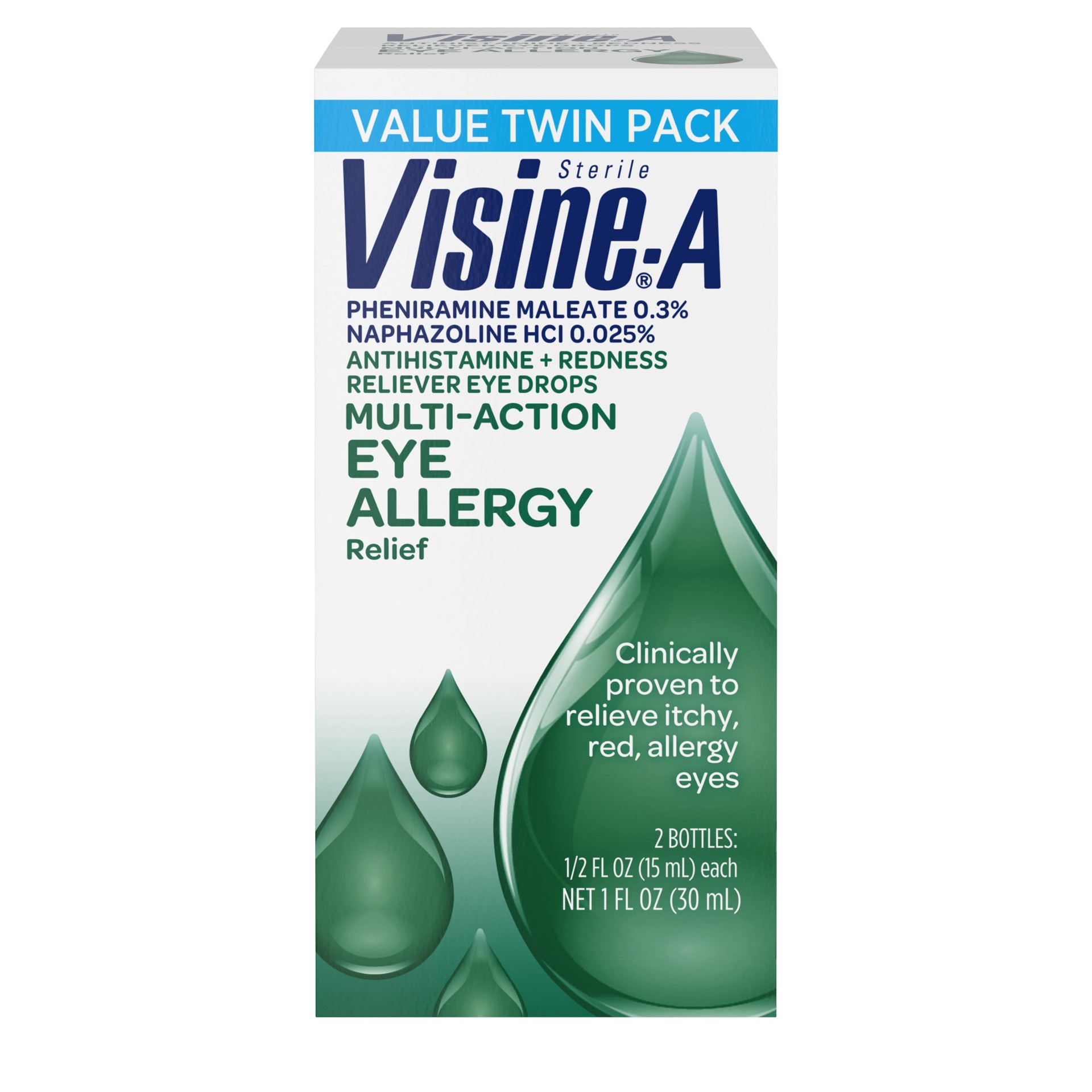 slide 1 of 5, Visine-A Antihistamine + Red Eyes Multi-Action Allergy Relief Eye Drops with Pheniramine Maleate & Naphazoline HCl for Red, Itchy Allergy Eyes (Pack of 2, 0.5 fl oz
