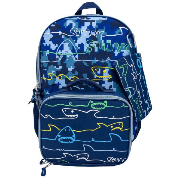slide 4 of 4, Accessory Innovations Shark Zone 3-Piece Backpack Set With 16"" Backpack, Lunch Box, Carabiner And Pencil Case, Blue, 3 pc