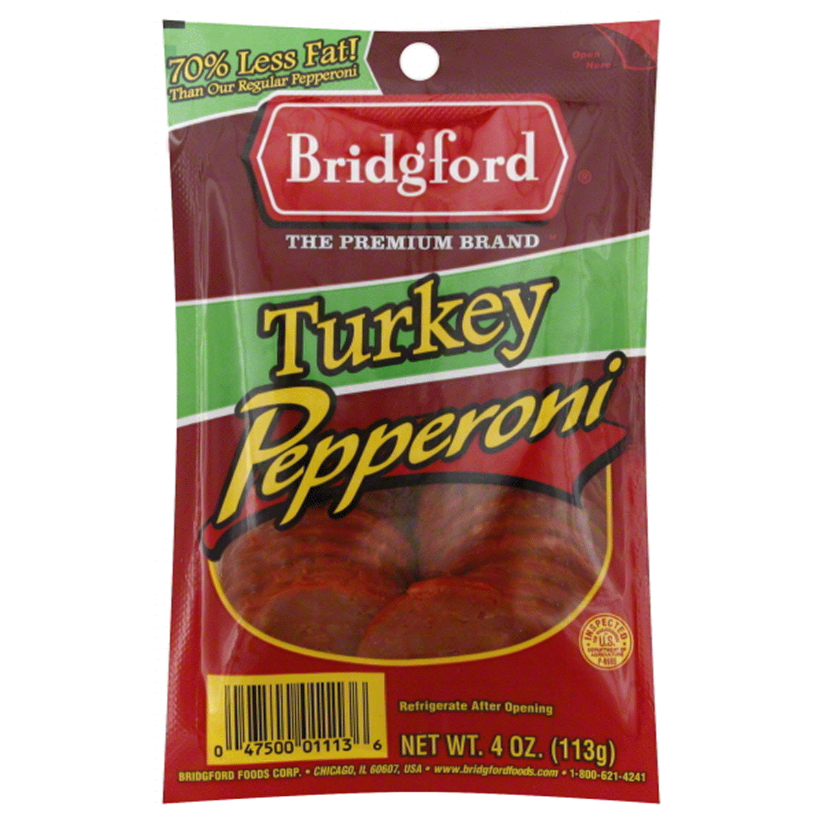 slide 1 of 1, Bridgford Sliced Turkey Pepperoni, 4 oz