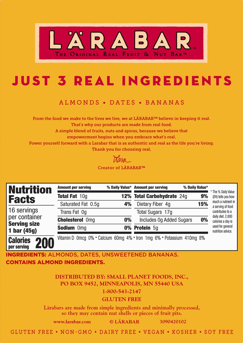 slide 3 of 13, LÄRABAR Banana Bread, Gluten Free Vegan Fruit & Nut Bar, 1.6 oz Bars, 16 Ct, 16 ct