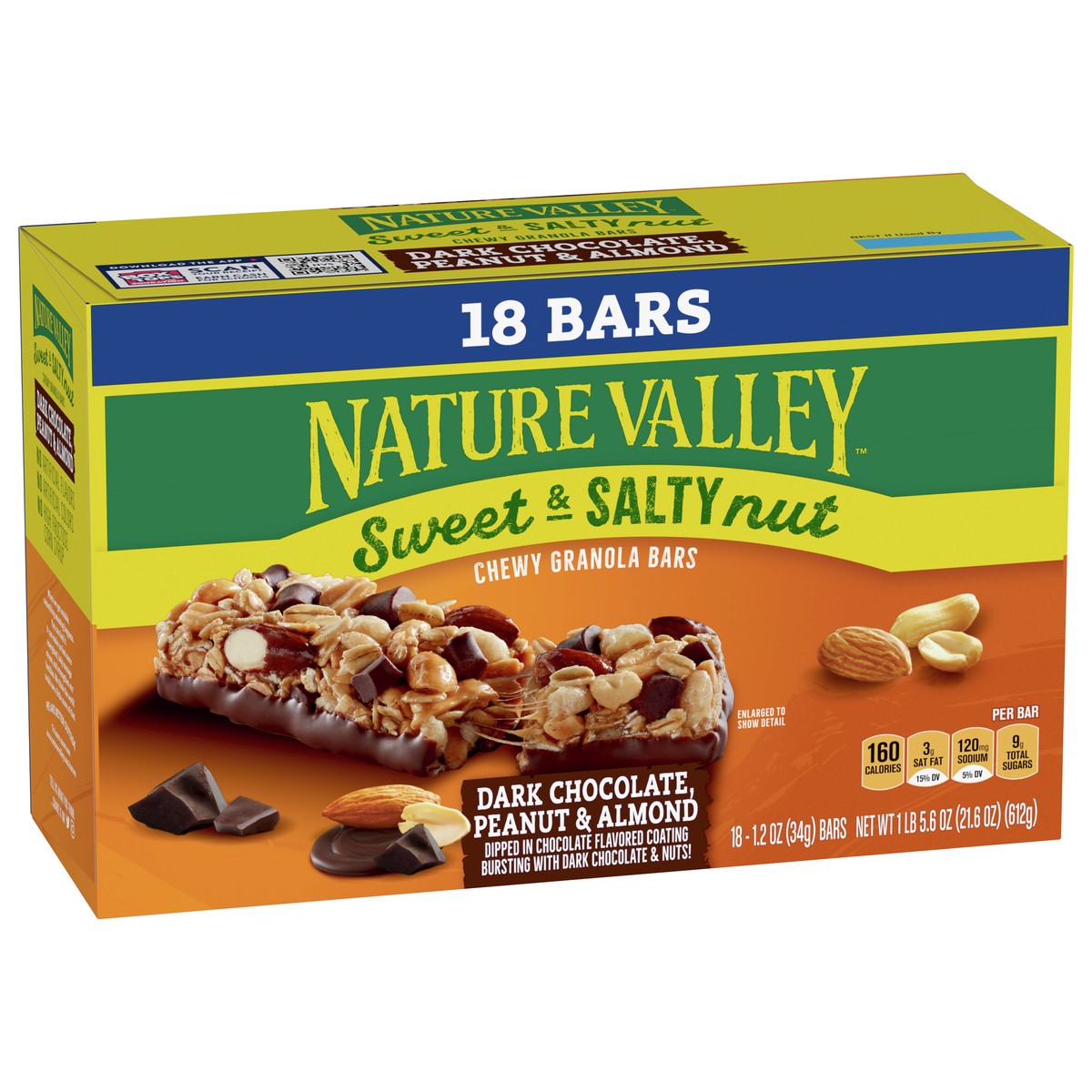 slide 5 of 8, Nature Valley Granola Bars, Sweet and Salty Nut, Dark Chocolate Peanut and Almond, 18 Bars, 21.6 OZ, 18 ct