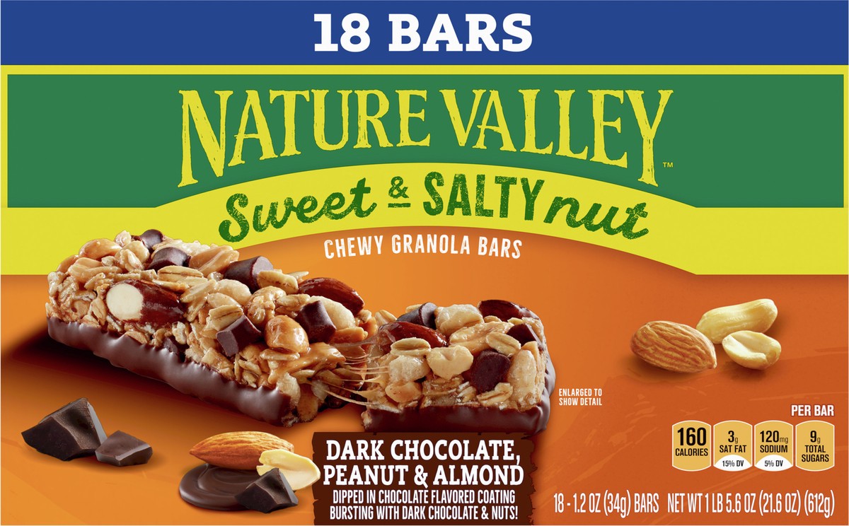 slide 4 of 8, Nature Valley Granola Bars, Sweet and Salty Nut, Dark Chocolate Peanut and Almond, 18 Bars, 21.6 OZ, 18 ct