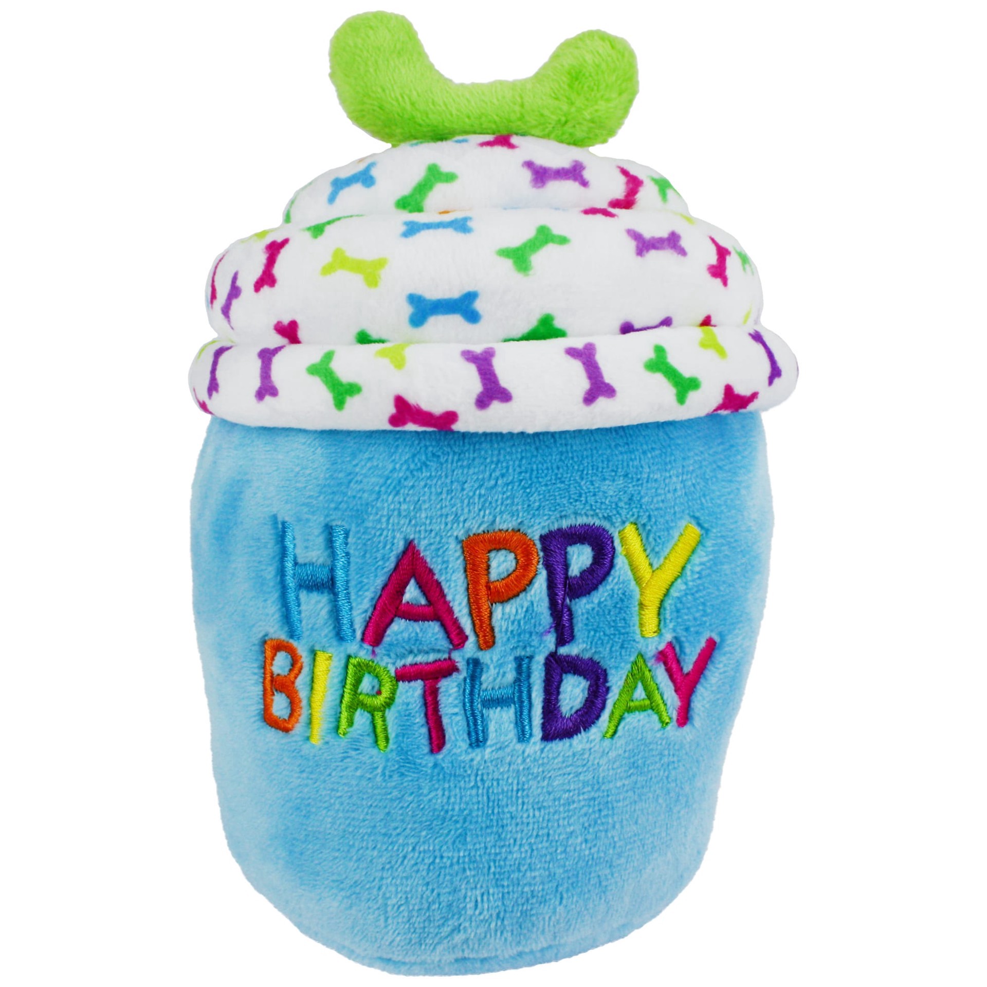 slide 1 of 1, Multipet Blue Happy Birthday Cup Cake Plush Dog Toy, Small, 1 ct