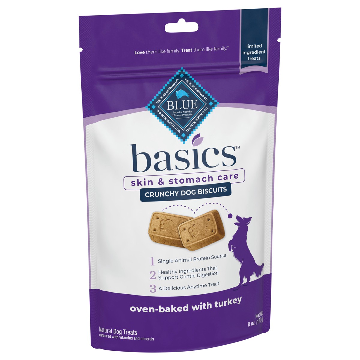 slide 2 of 9, Blue Buffalo Basics Skin & Stomach Care Biscuits Crunchy Dog Treats, Turkey & Potato 6-oz Bag, 6 oz