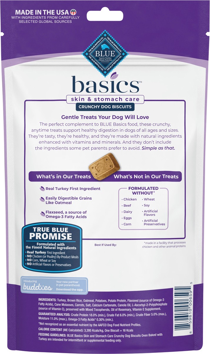 slide 5 of 9, Blue Buffalo Basics Skin & Stomach Care Biscuits Crunchy Dog Treats, Turkey & Potato 6-oz Bag, 6 oz