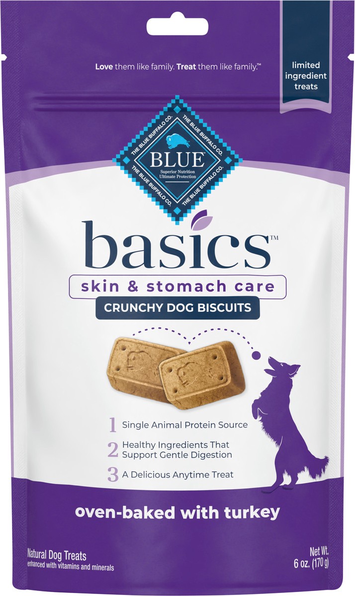 slide 6 of 9, Blue Buffalo Basics Skin & Stomach Care Biscuits Crunchy Dog Treats, Turkey & Potato 6-oz Bag, 6 oz