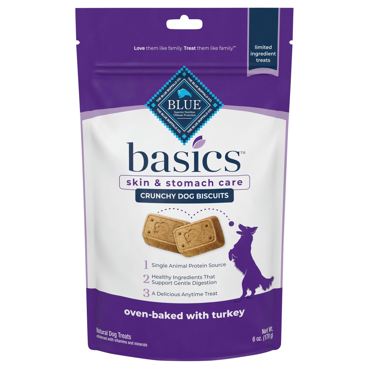 slide 1 of 9, Blue Buffalo Basics Skin & Stomach Care Biscuits Crunchy Dog Treats, Turkey & Potato 6-oz Bag, 6 oz