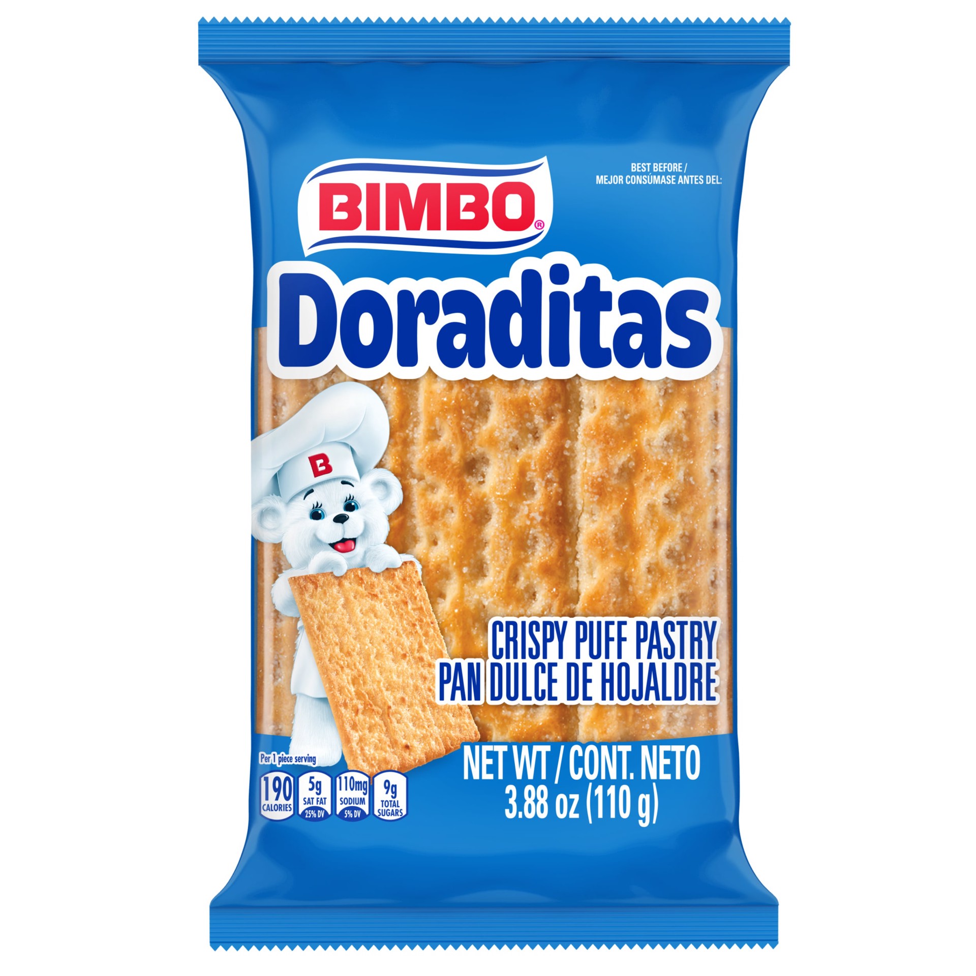 slide 1 of 5, Bimbo Doraditas Sugared Crispy Puff Hojaldre Pastry, 3 count, Pastries, 3.88 oz Bag, 3 ct