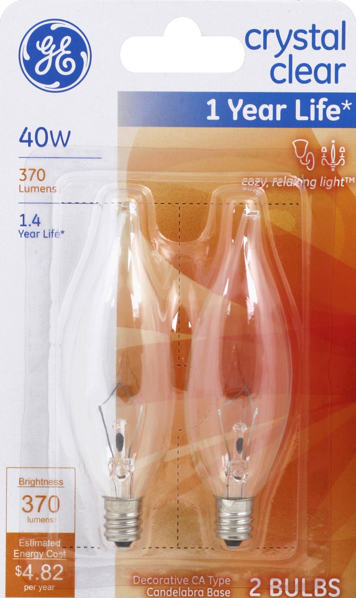 slide 2 of 2, GE Crystal Clear 40-Watt Bent Tip Candelabra Base Light Bulbs, 2 ct