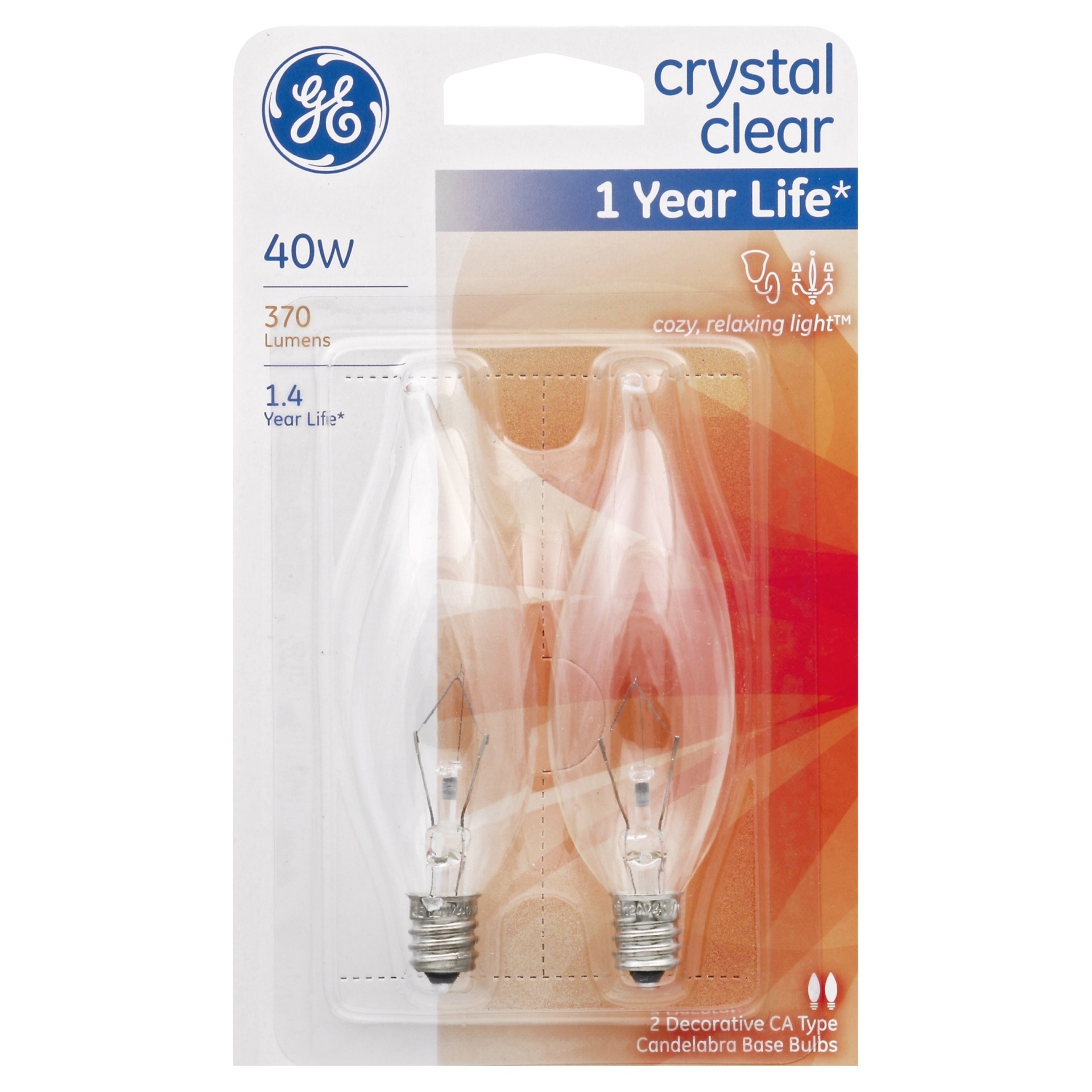 slide 1 of 2, GE Crystal Clear 40-Watt Bent Tip Candelabra Base Light Bulbs, 2 ct