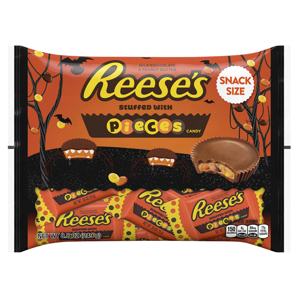 slide 1 of 1, REESE's, STUFFED WITH PIECES, Milk Chocolate Peanut Butter Snack Size Cups Candy, Bag, 8.8 oz
