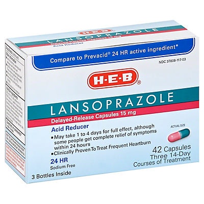 slide 1 of 1, H-E-B Lansoprazole 24 Hour Acid Reducer 15 mg Capsules, 42 ct