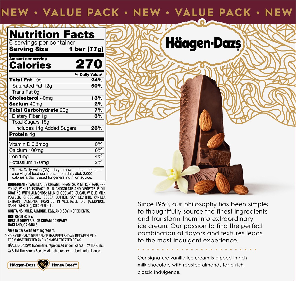 slide 7 of 7, Häagen-Dazs Vanilla Chocolate Almond Ice Cream Bars Value Pack 6 ea, 6 ct