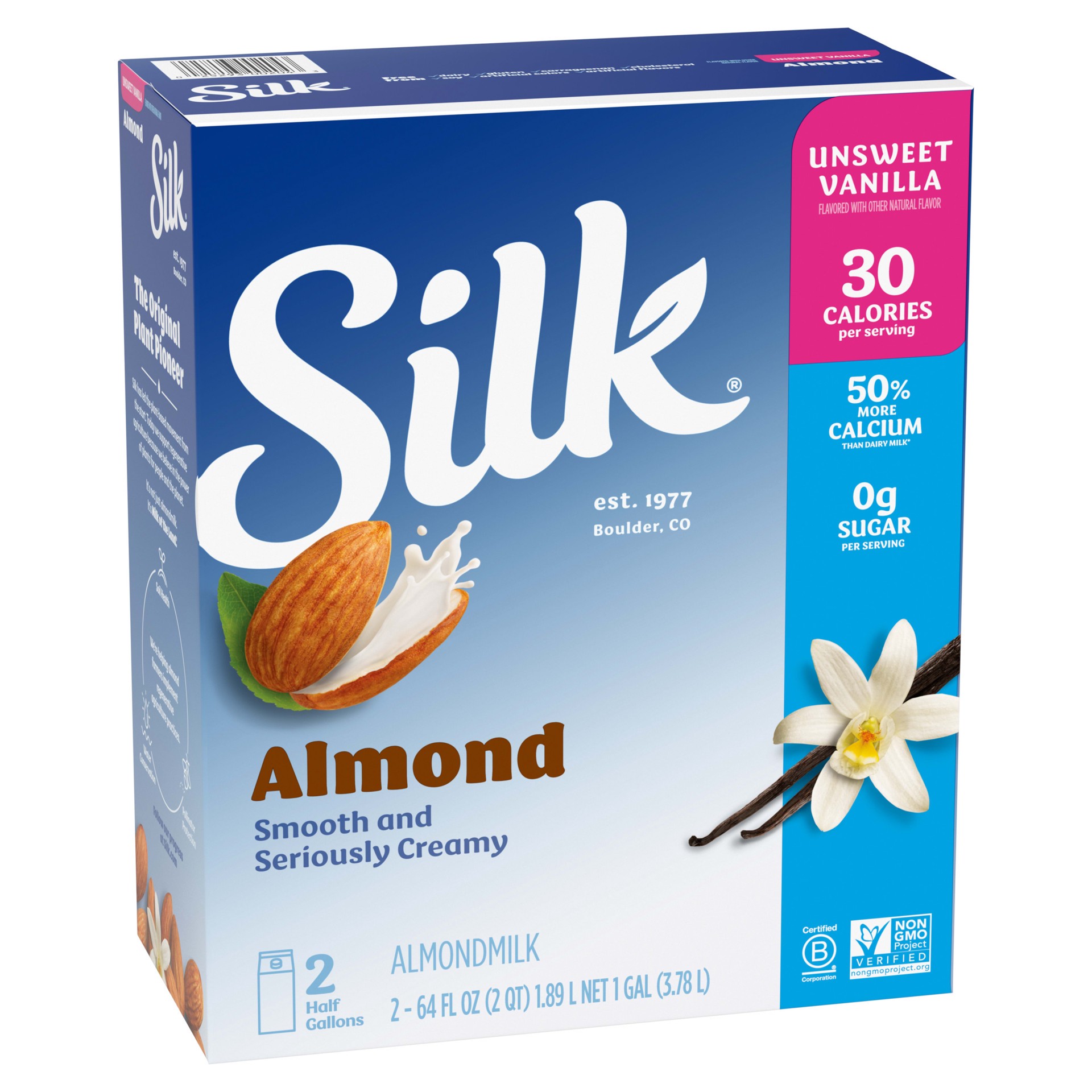 slide 4 of 5, Silk Almond Milk, Vanilla Unsweetened, Dairy-Free, Vegan, Non-GMO Project Verified, Half Gallon, 2 Pack, 64 fl oz