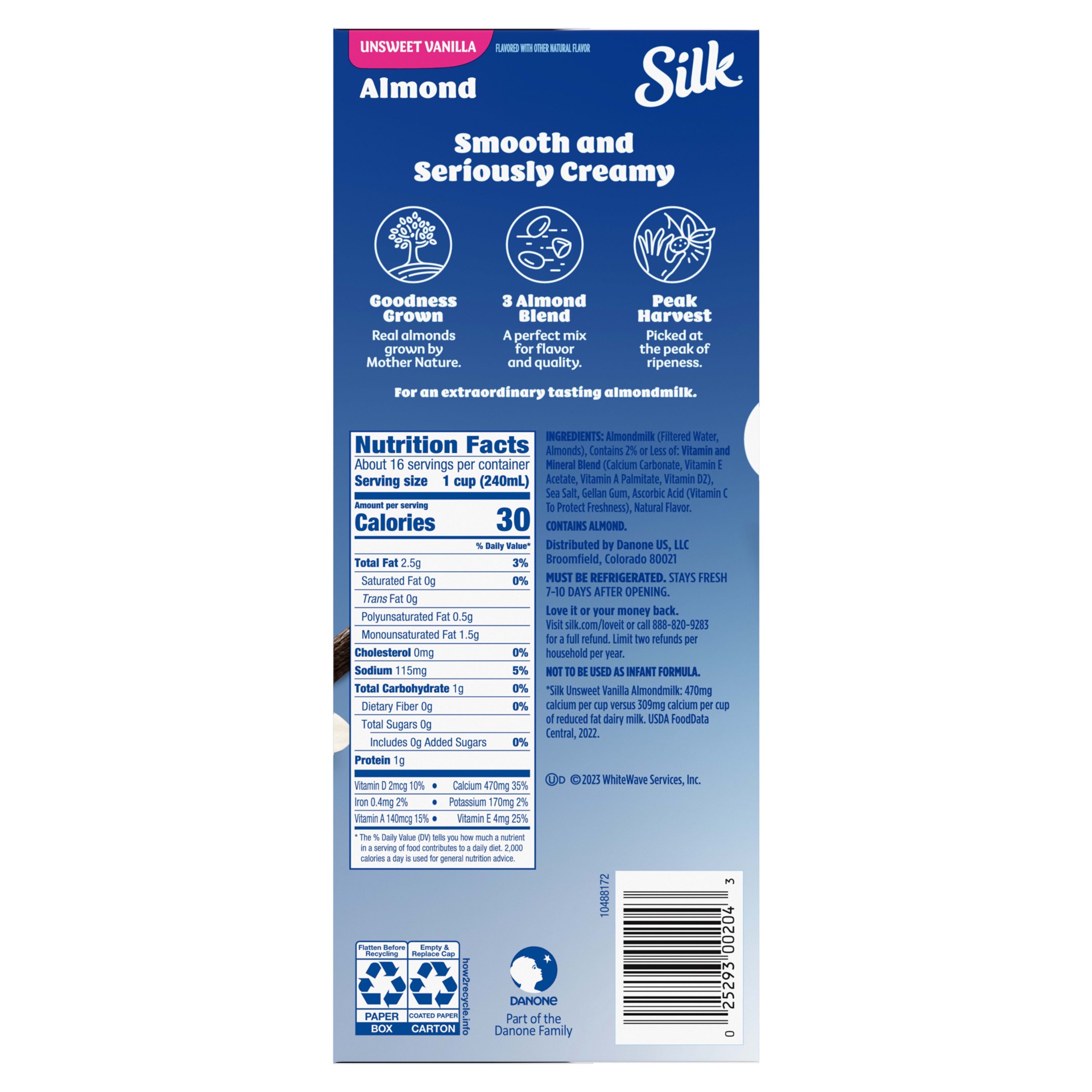 slide 2 of 5, Silk Almond Milk, Vanilla Unsweetened, Dairy-Free, Vegan, Non-GMO Project Verified, Half Gallon, 2 Pack, 64 fl oz