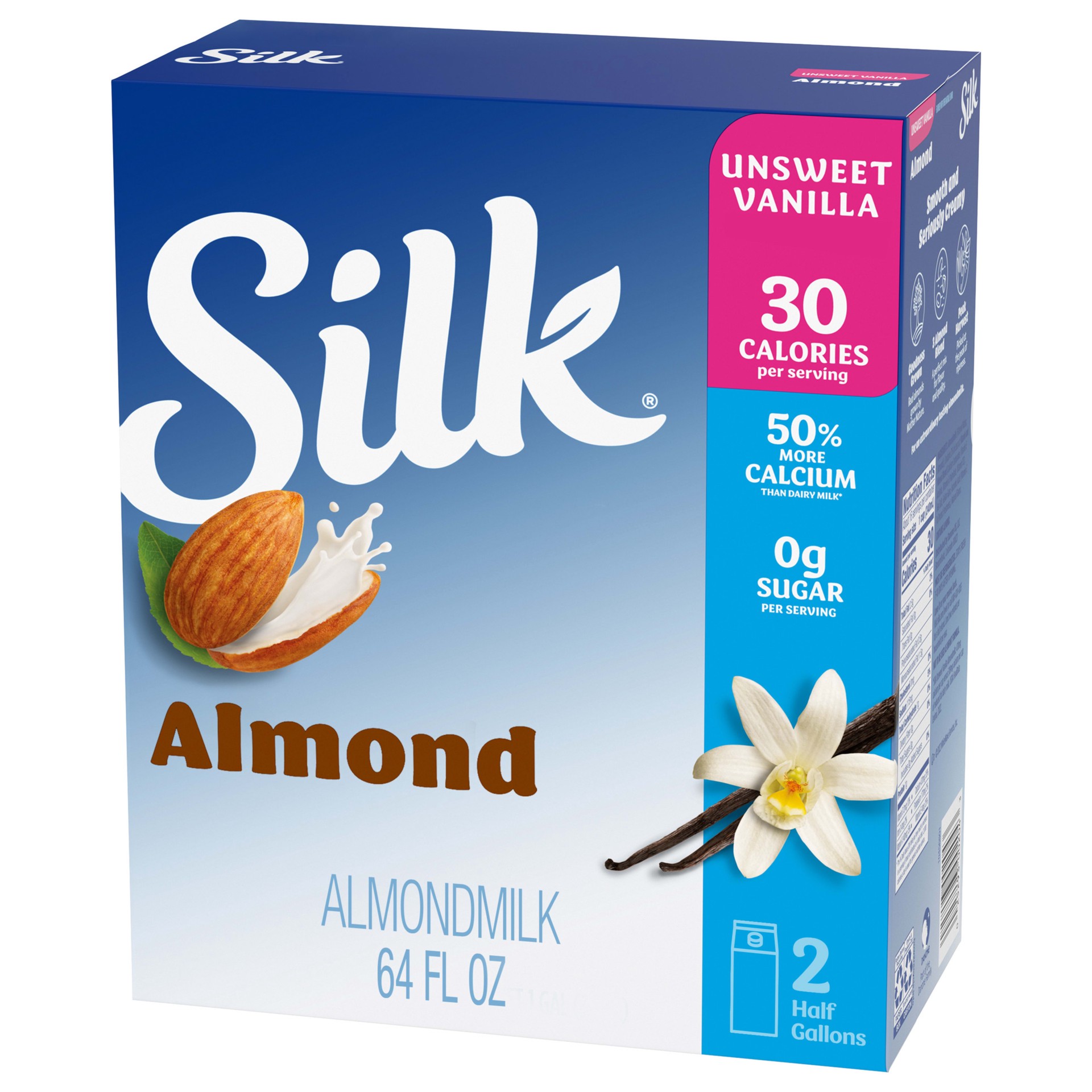 slide 1 of 5, Silk Almond Milk, Vanilla Unsweetened, Dairy-Free, Vegan, Non-GMO Project Verified, Half Gallon, 2 Pack, 64 fl oz