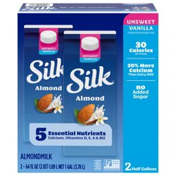 Silk Almond Milk, Unsweet Vanilla, Dairy Free, Gluten Free, Seriously Creamy Vegan Plant Based Milk with 5 Essential Nutrients, 64 fl oz Half Gallon, 2 Count