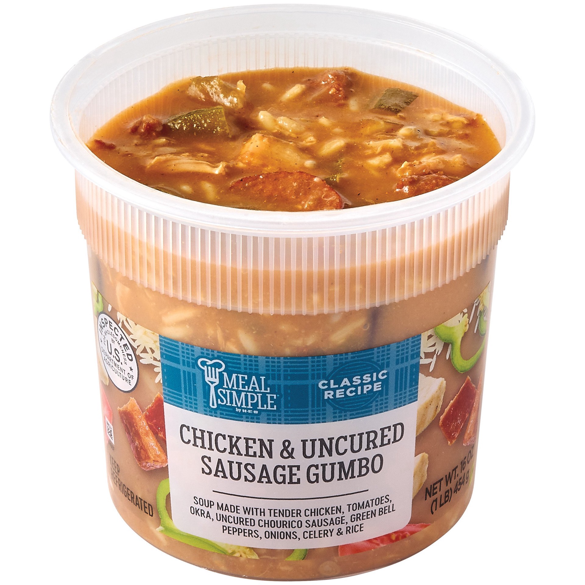 slide 1 of 1, Meal Simple by H-E-B Chicken & Uncured Sausage Gumbo Soup, 16 oz