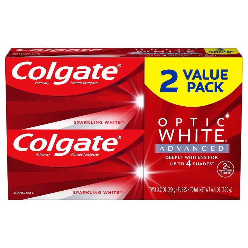 slide 1 of 9, Colgate Optic White Advanced Hydrogen Peroxide Toothpaste, Sparkling White, 3.2 Oz., 2 Pack, 6.4 oz