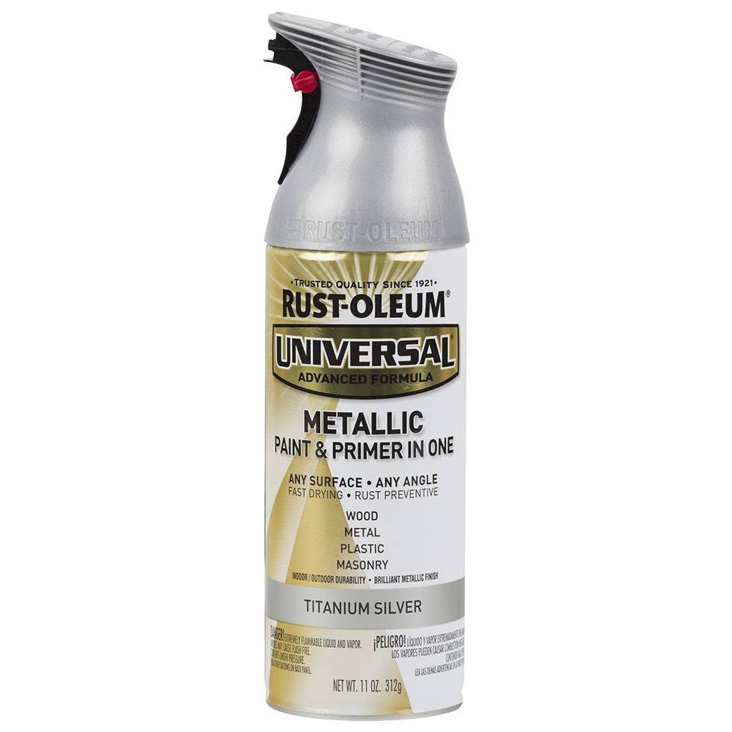 slide 1 of 1, Rust-Oleum Universal Metallic Paint & Primer in one Spray Paint 245220, Titanium Silver, 11 oz