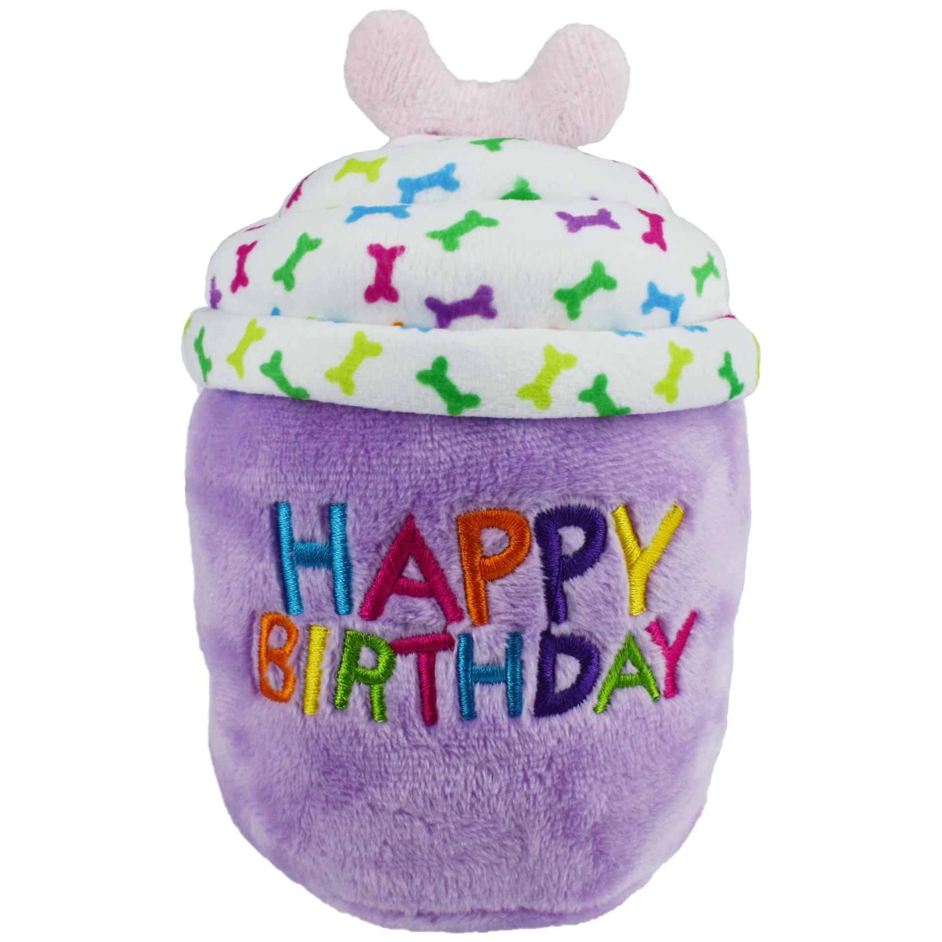 slide 1 of 1, Multipet Purple Happy Birthday Cup Cake Plush Dog Toy, Small, 1 ct