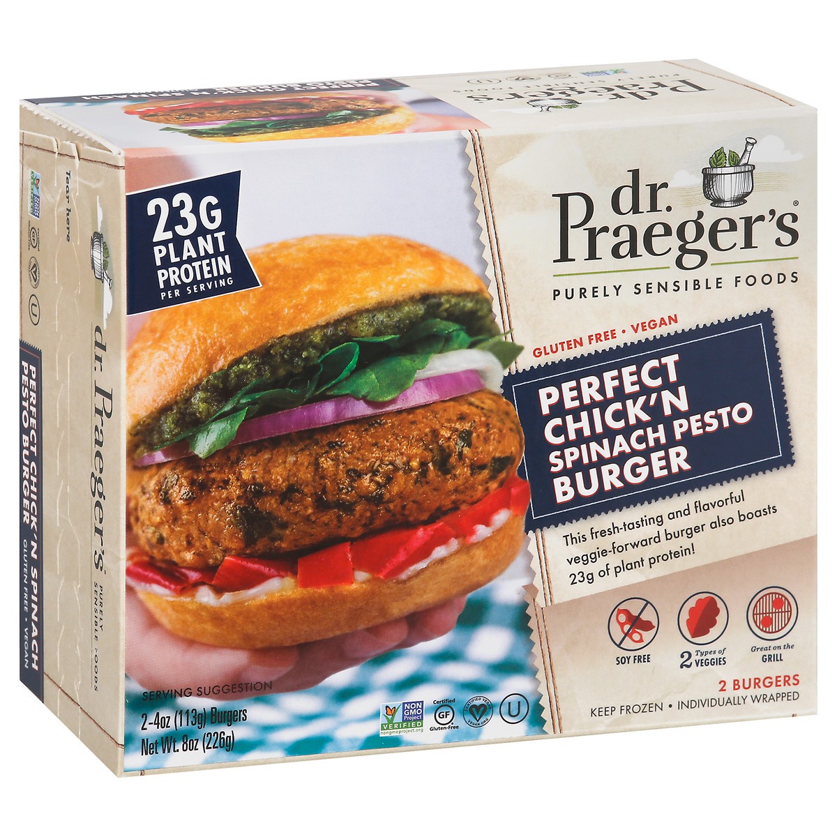 slide 8 of 9, Dr. Praeger's Chick'N Spinach Pesto Burger 2 - 4 Oz Burgers, 1 ct