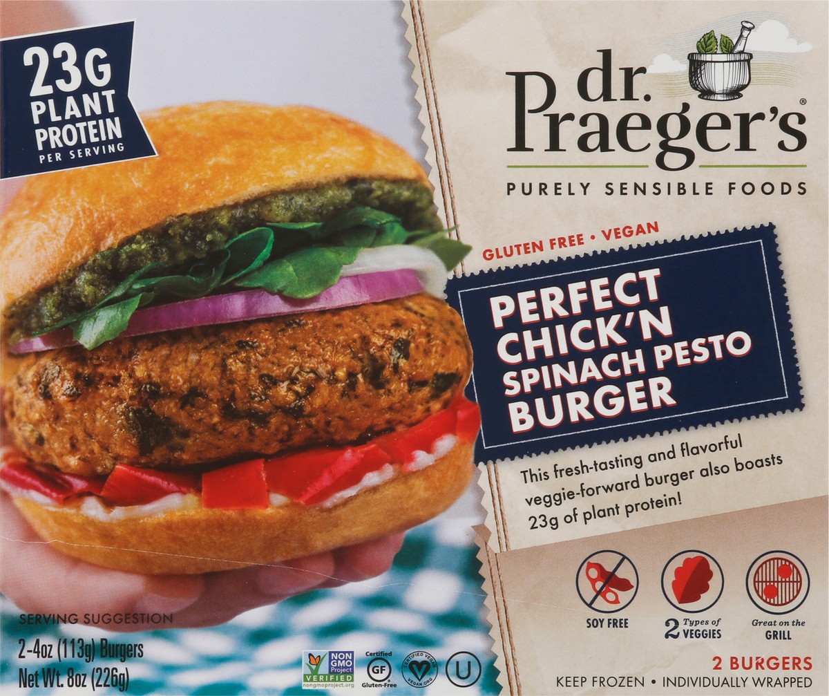 slide 9 of 9, Dr. Praeger's Chick'N Spinach Pesto Burger 2 - 4 Oz Burgers, 1 ct