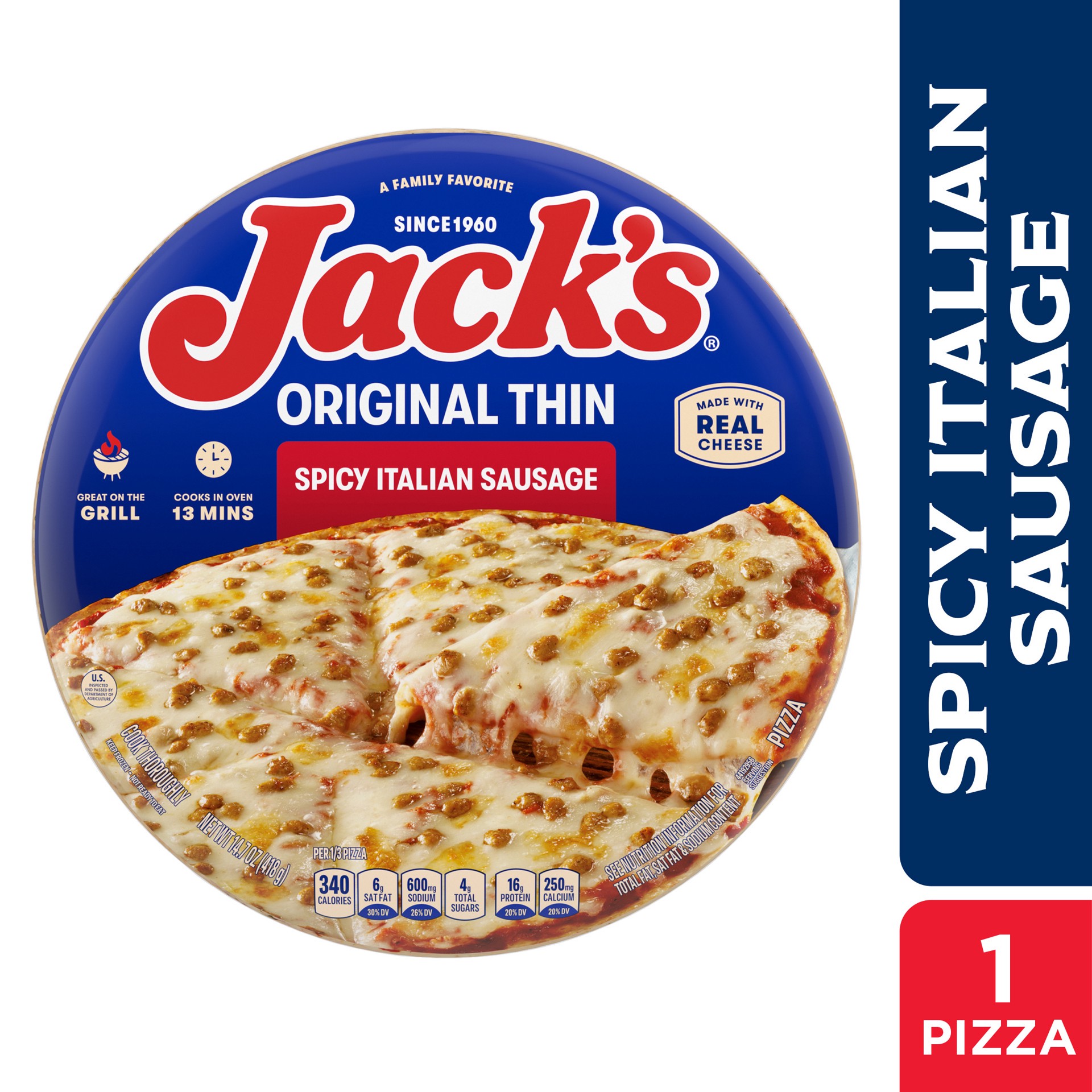 slide 1 of 3, Jack's Sausage 12" 60Th Original Thin Pizza, 14.7 oz