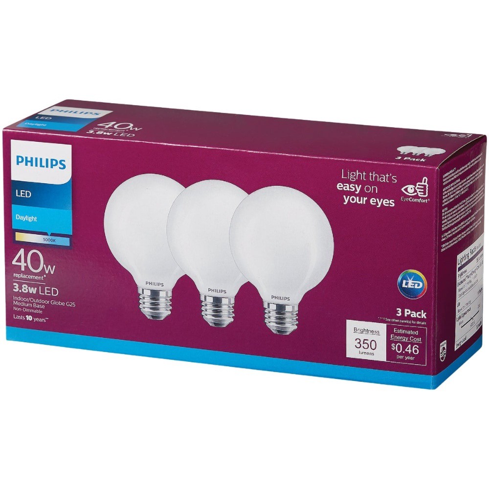 slide 2 of 2, Philips 38Watt 40Watt Medium Base Globe G25 Led Light Bulbs Daylight, 3 ct