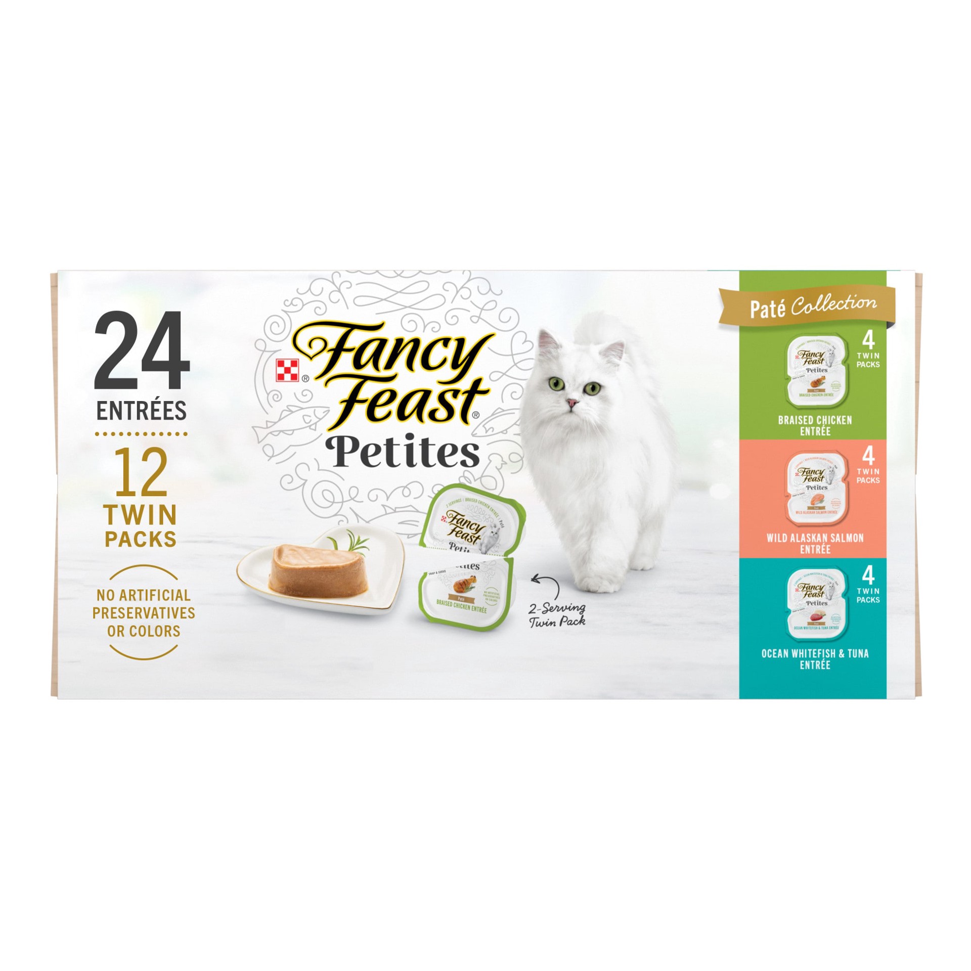 slide 1 of 6, Fancy Feast Purina Fancy Feast Gourmet Wet Cat Food Variety Pack, Petites Pate Collection, break-apart tubs, 24 servings, 2.1 lb