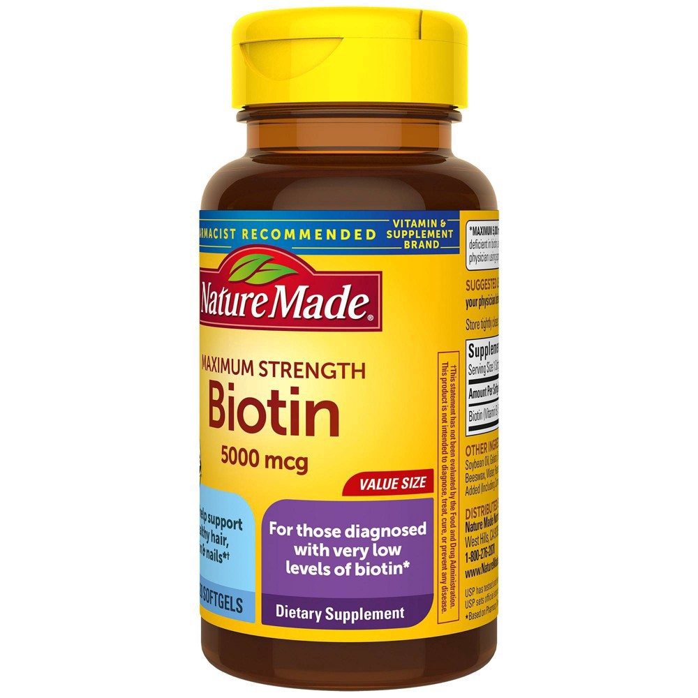 slide 6 of 8, Nature Made Maximum Strength Biotin 5000 mcg Softgels for Healthy Hair, Skin & Nails - 120ct, 