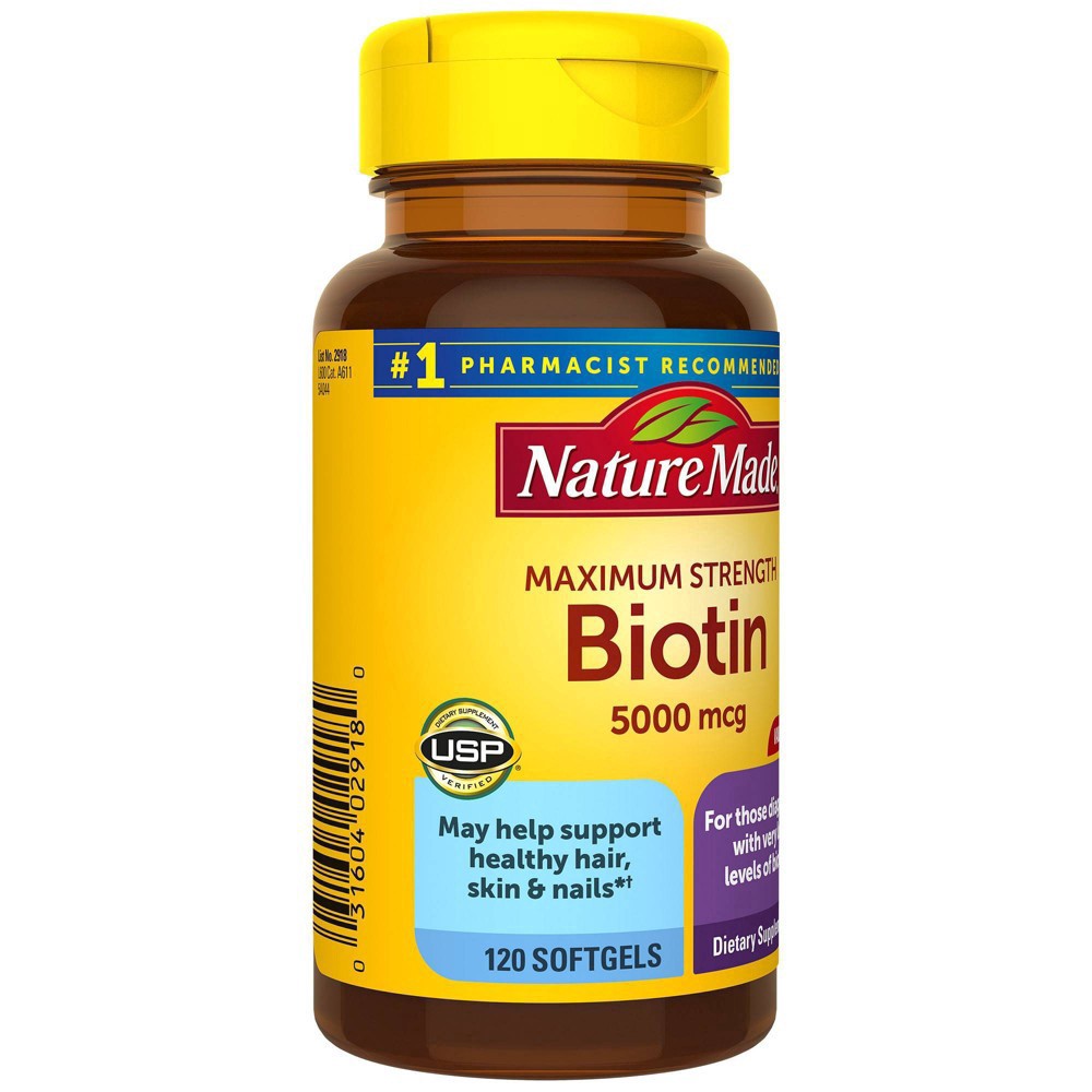 slide 2 of 8, Nature Made Maximum Strength Biotin 5000 mcg Softgels for Healthy Hair, Skin & Nails - 120ct, 