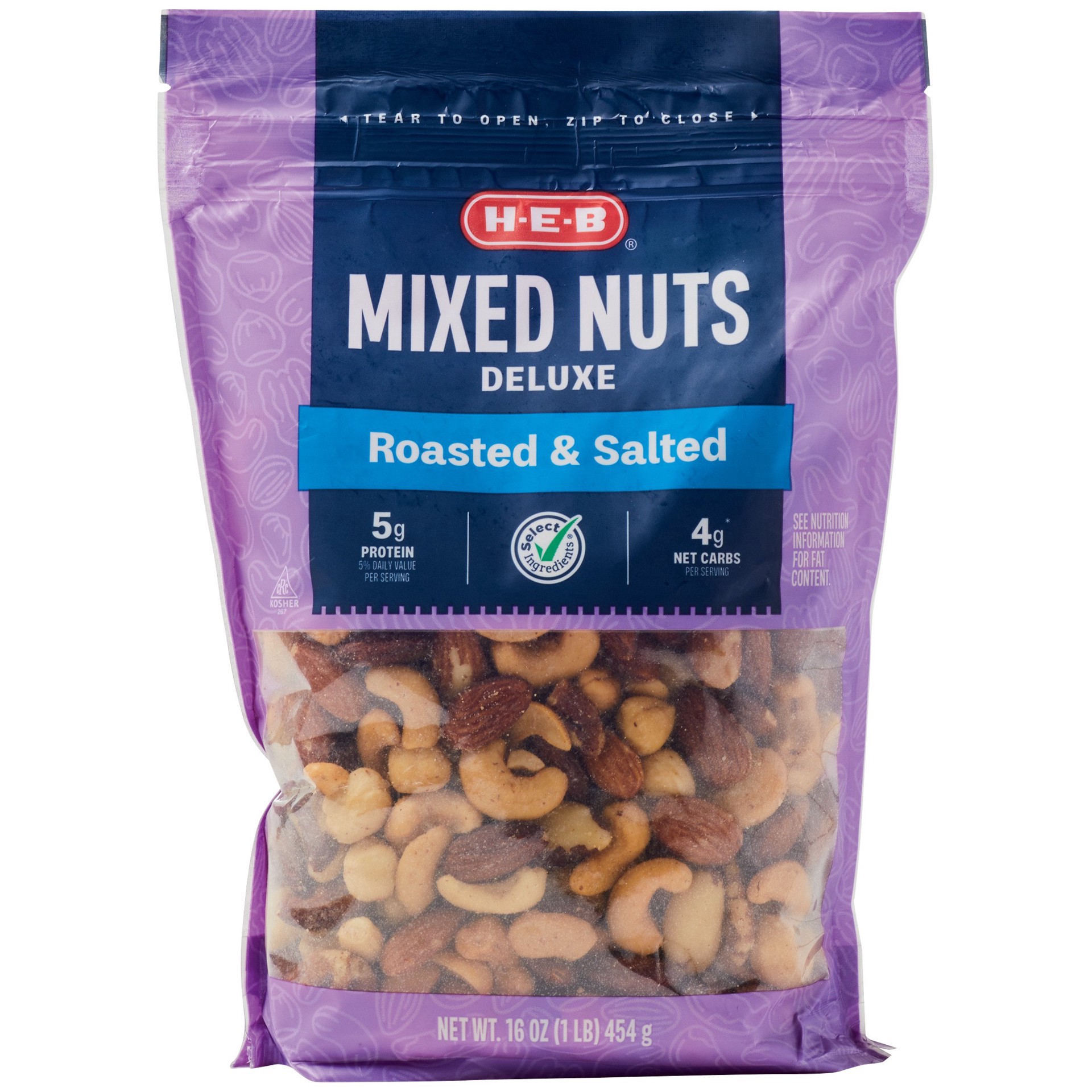 slide 1 of 1, H-E-B Deluxe Salted Roasted Mixed Nuts, 16 oz