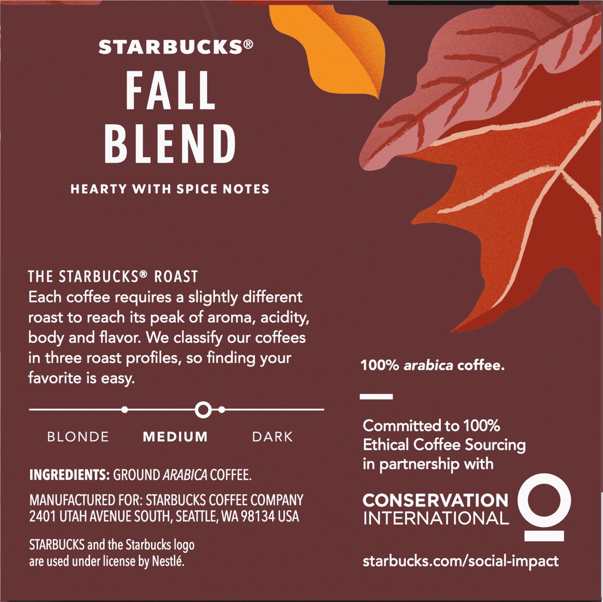 slide 5 of 11, Starbucks K-Cup Coffee Pods, Fall Blend Medium Roast Coffee for Keurig Brewers, 100% Arabica, Limited Edition, 1 Box - 4.2 oz, 4.2 oz