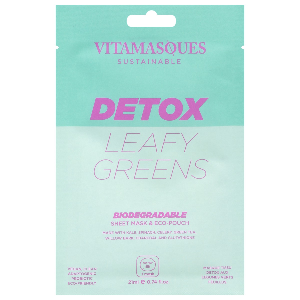 slide 1 of 9, Vitamasques Detox Biodegradable Leafy Greens Sheet Mask & Eco-Pouch 0.74 fl oz, 1 ct