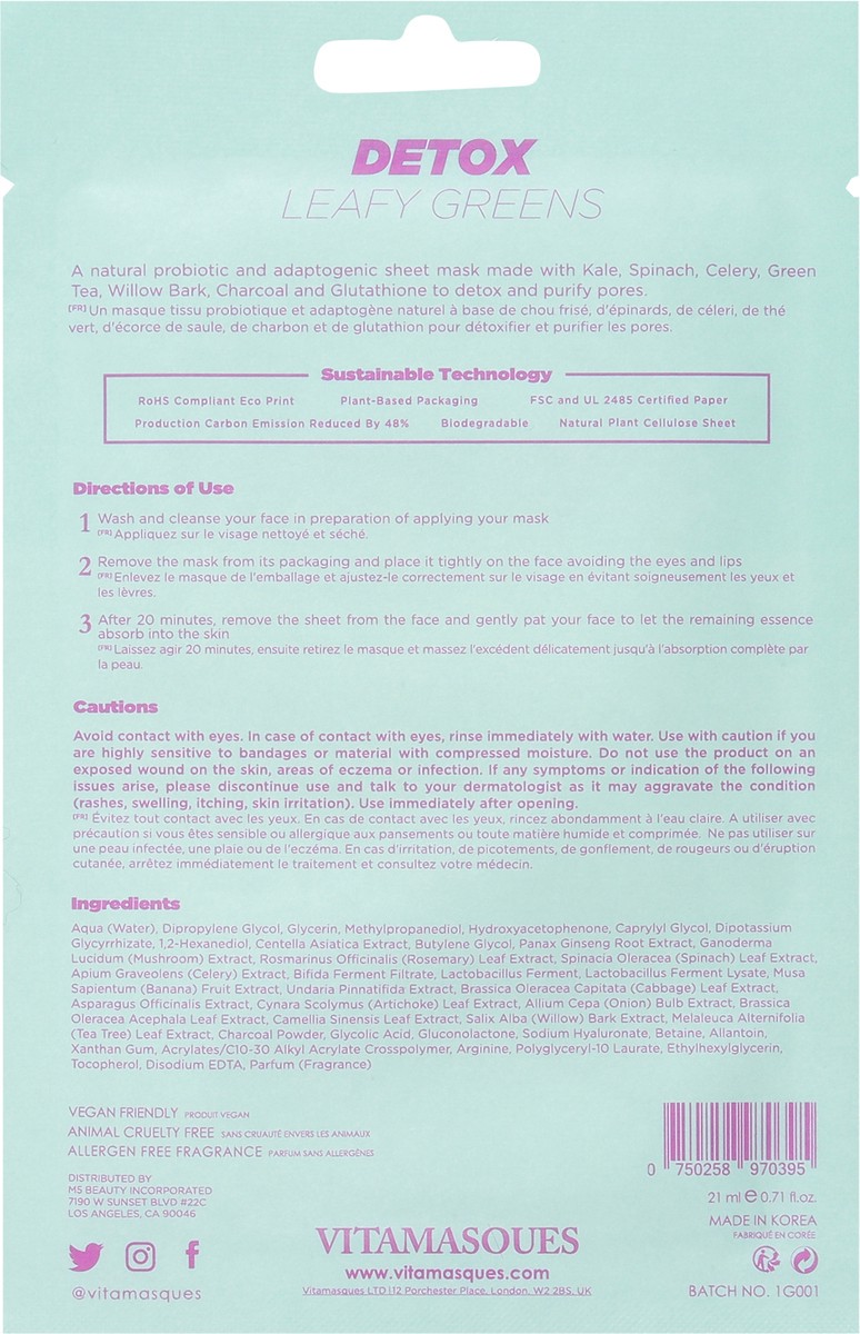slide 4 of 9, Vitamasques Detox Biodegradable Leafy Greens Sheet Mask & Eco-Pouch 0.74 fl oz, 1 ct