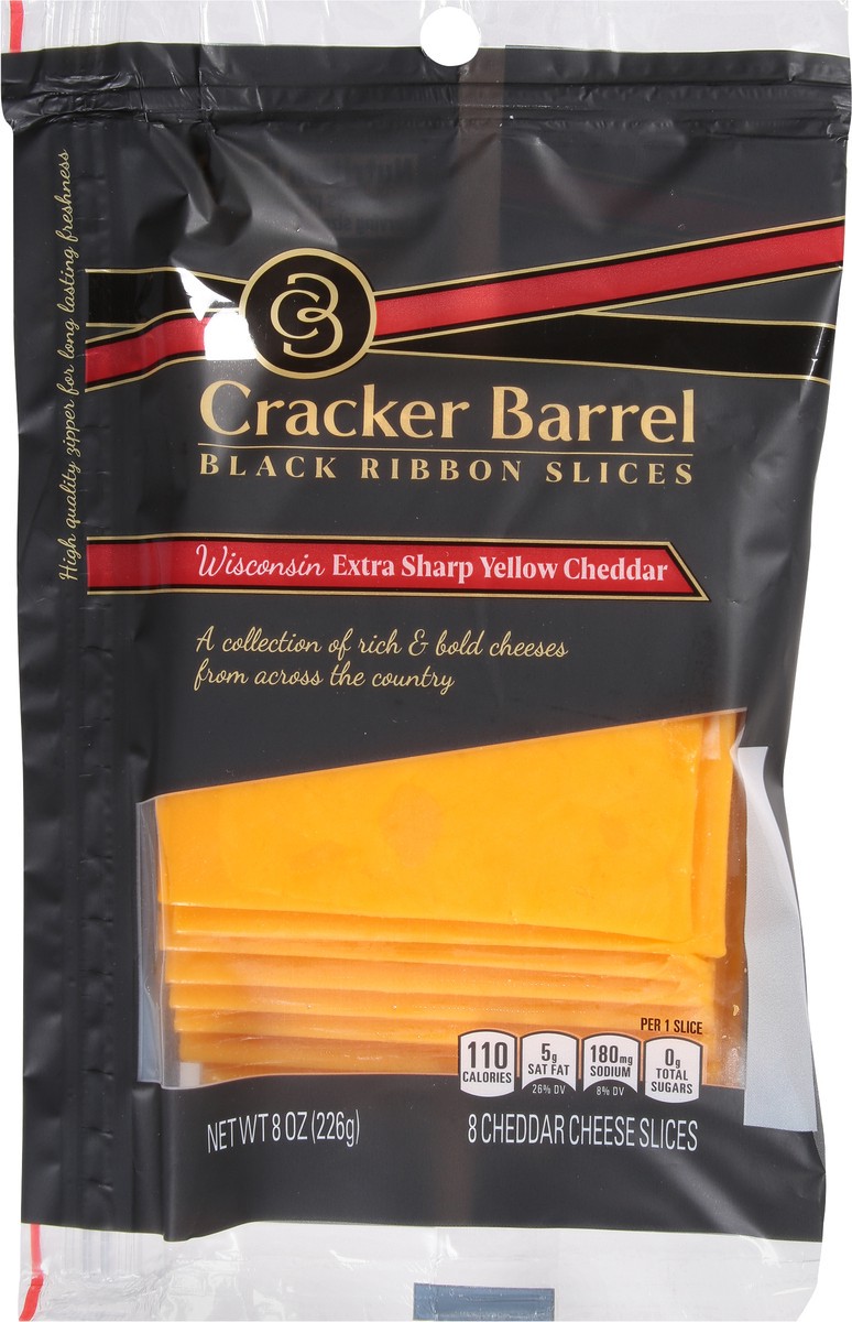 slide 2 of 11, Cracker Barrel Black Ribbon Slices Wisconsin Extra Sharp Yellow Cheddar Cheese Slices, 8 ct Pack, 8 ct