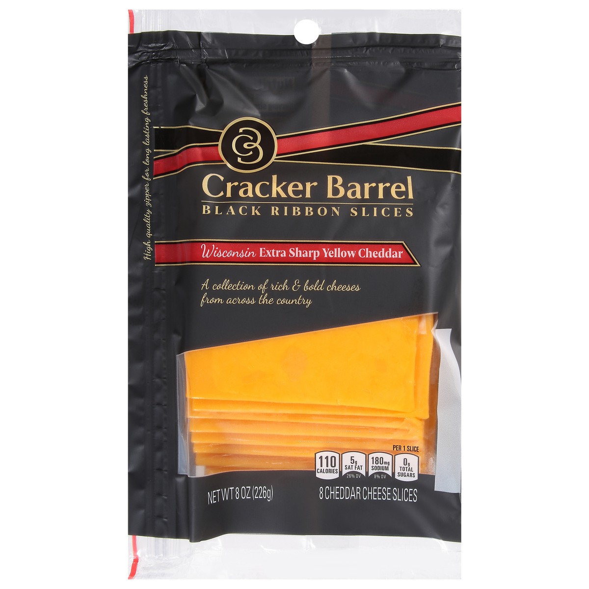 slide 5 of 11, Cracker Barrel Black Ribbon Slices Wisconsin Extra Sharp Yellow Cheddar Cheese Slices, 8 ct Pack, 8 ct