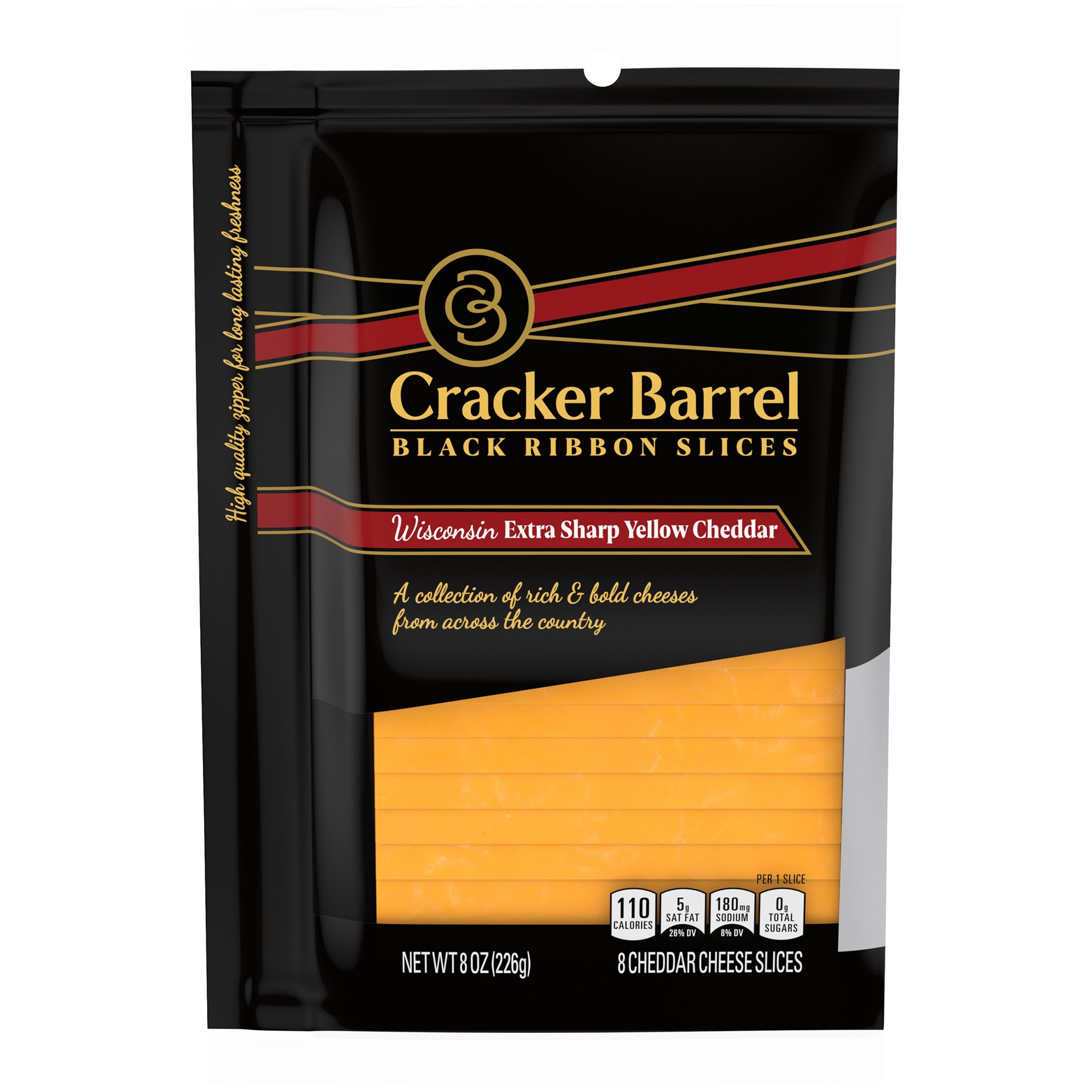 slide 1 of 11, Cracker Barrel Black Ribbon Slices Wisconsin Extra Sharp Yellow Cheddar Cheese Slices, 8 ct Pack, 8 ct