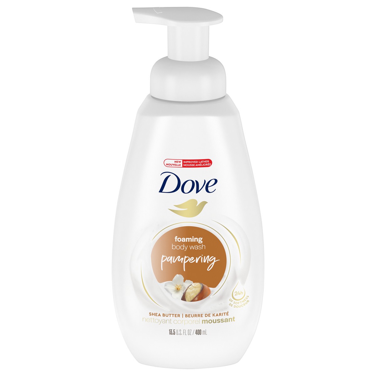 slide 1 of 4, Dove Shea Butter with Warm Vanilla Instant Foaming Body Wash, 13.5 fl oz