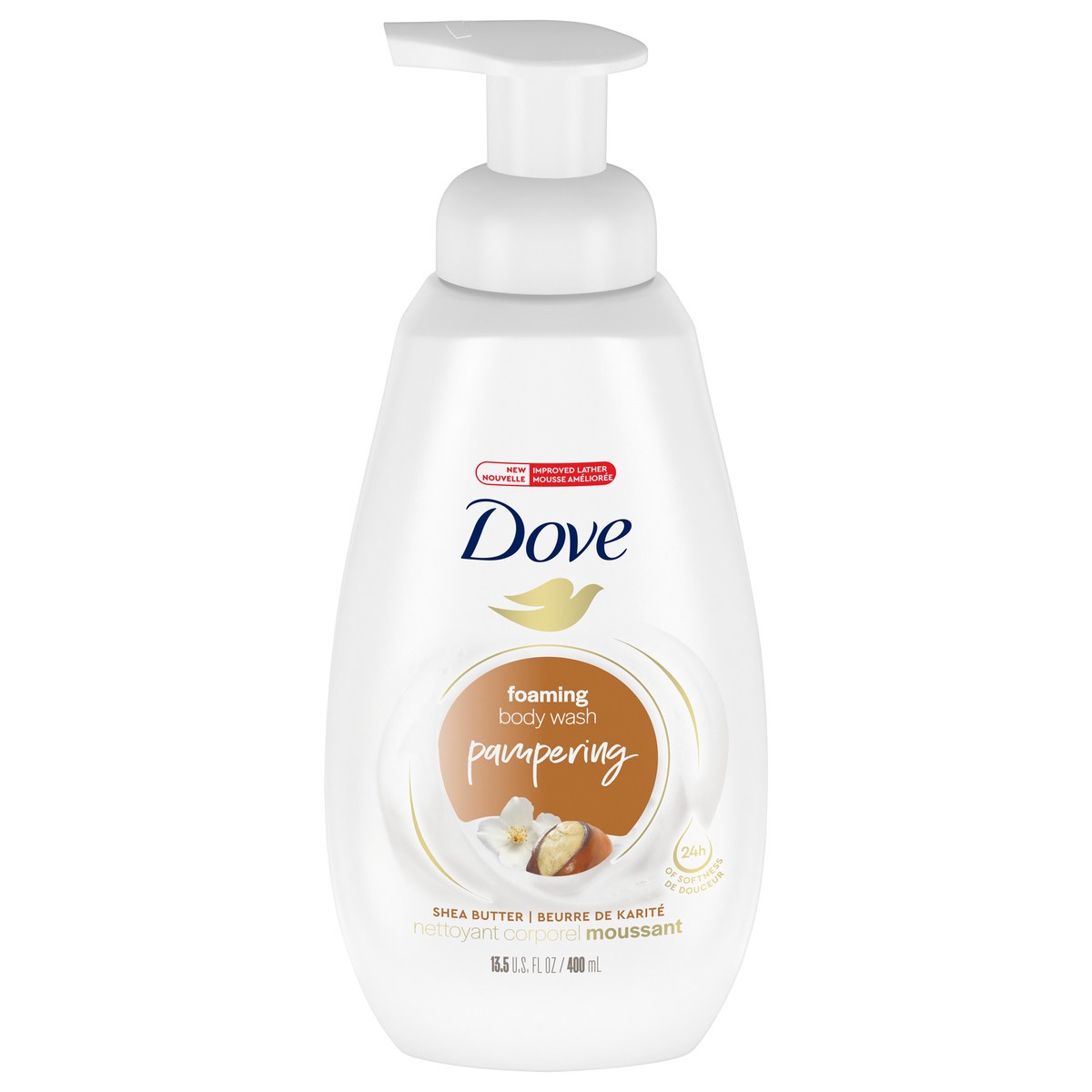 slide 1 of 4, Dove Shower Foam Shea Butter Body Wash, 13.5 oz