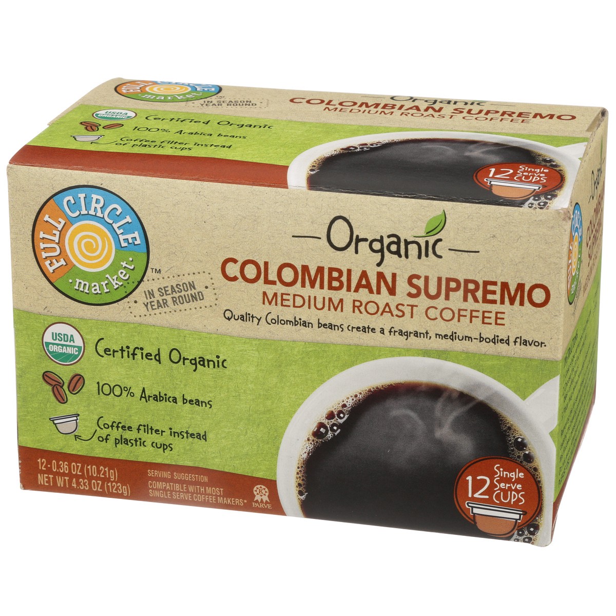 slide 3 of 11, Full Circle Market Medium Roast Colombian Supremo 100% Arabica Coffee Single Serve Cups, 4.33 oz