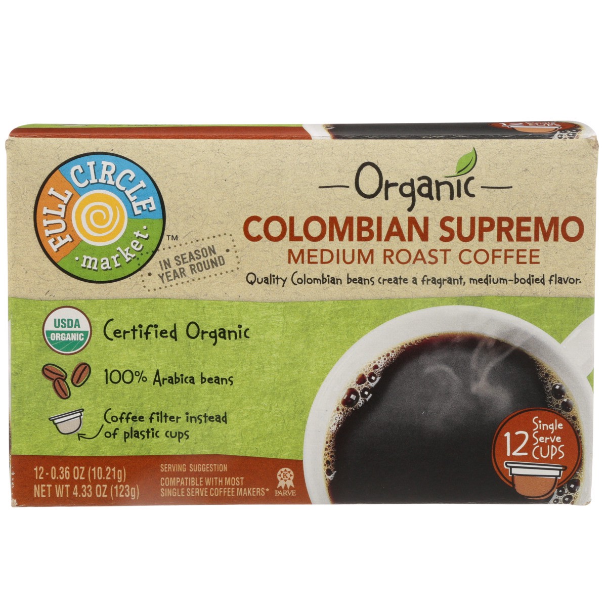 slide 6 of 11, Full Circle Market Medium Roast Colombian Supremo 100% Arabica Coffee Single Serve Cups, 4.33 oz